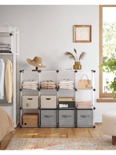 SONGMICS Cube Storage Organizer Stackable, Set of 12 Plastic Cubes, Book Shelf, Closet Organizers and Storage, Room Organization for Bedroom Living Room, 12.2 x 36.6 x 48.4 Inches, Black,White