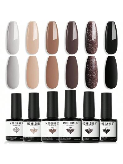 modelones Gel Nail Polish Set, 6 Colors Chocolate Brown Black Nude Glitter Gel Polish Kit Neutral All Seasons, Soak Off Nail Art Salon Design French Manicure DIY at Home Gifts for Women Girls