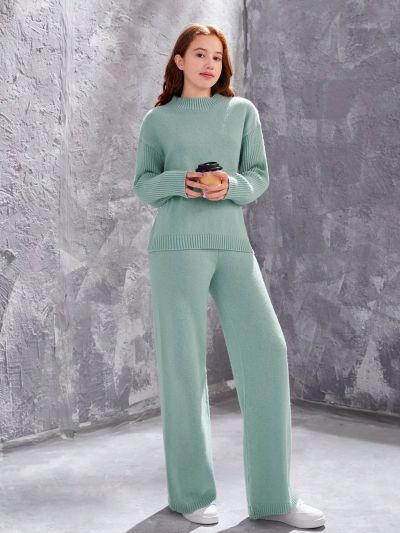 Teen Girls' Solid Color Drop Shoulder Sweater Set