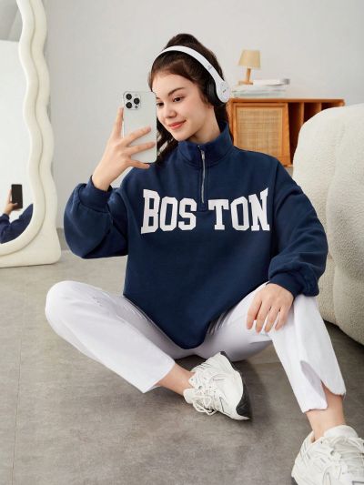 Teen Girls Letter Graphic Half Zip Drop Shoulder Sweatshirt