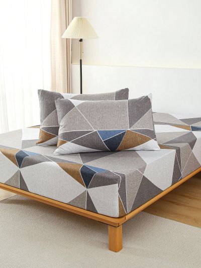 3pcs Fitted Sheet Sets 90g Polyester Fabric Brushed With Geometric Element Pattern, Include 1 Fitted Sheet And 2 Pillowcases