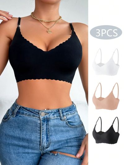 3pcs Women's Seashell Trim Adjustable Shoulder Strap Bra Set