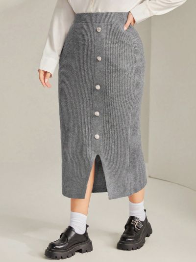 SHEIN Mulvari Plus Size Women'S Knitted Skirt With Side Slits