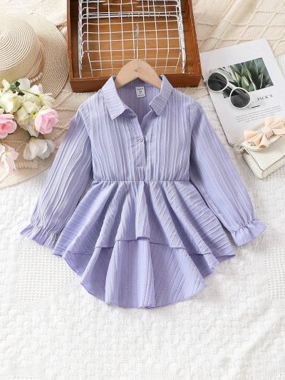 Toddler Girls' Elegant Waist-Belted Turn-Down Collar Asymmetrical Hem Shirt For Autumn