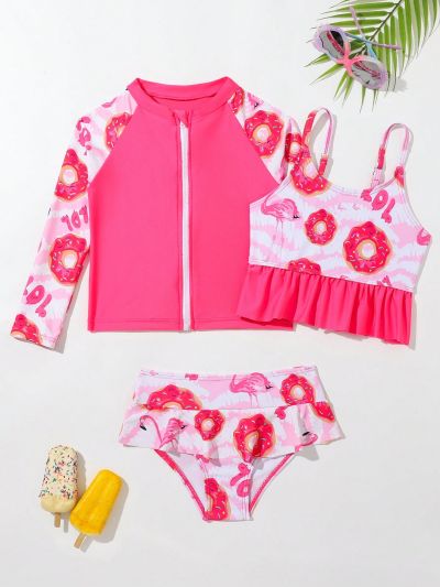 Little Girls' Flamingo & Donut Print Separated Swimsuit 3-Piece Set