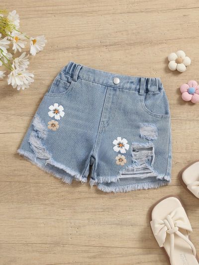 Little Girls' Casual And Basic Style Light Blue Washed Denim Shorts With Flower Print, Hole Detail And Frayed Hem, Perfect For Summer Vacation