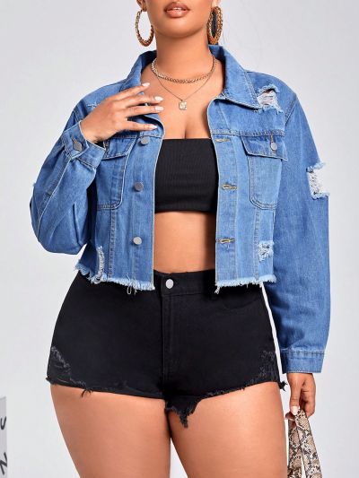 SHEIN Privé Plus Size Ripped Detail Raw Hem Denim Jacket