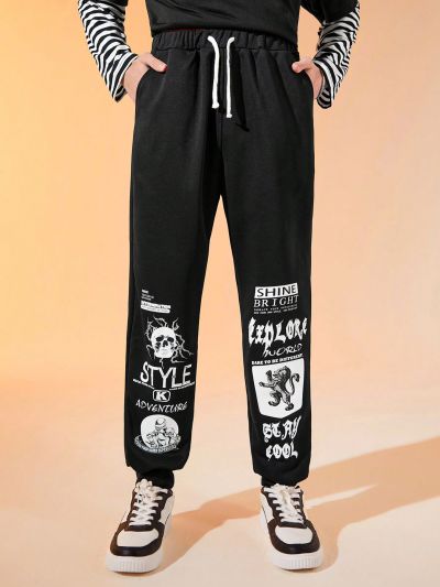 SHEIN Teen Boys' Casual Comfortable Trendy Printed Drawstring Waist Jogger Pants