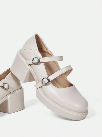 SHEIN MOD Minimalist Chunky Heeled Ankle Strap Pumps