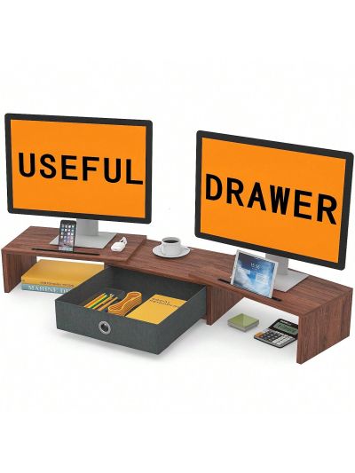 Dual Monitor Stand Riser with Drawer, Adjustable Length and Angle Monitor 2 Solts for Phone & Tablet, Desktop Organizer Stand for Computer/Laptop/PC/Printer
