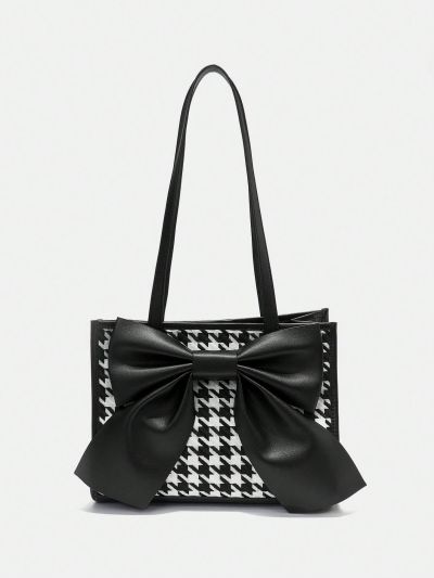 SHEIN MOD Bowknot Decor Houndstooth Pattern Shoulder Bag