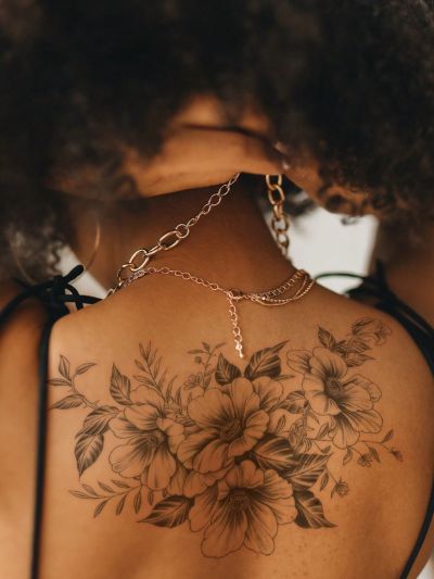 1pc Black Flower & Floral Design Temporary Tattoo Sticker For Arms, Chest, Abdomen Or Back Body