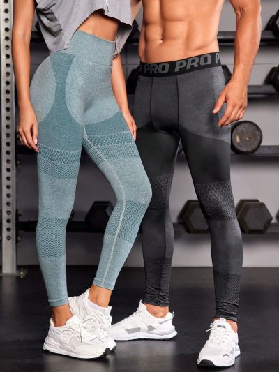 Men Letter Tape Waistband Sports Tights With Phone Pocket