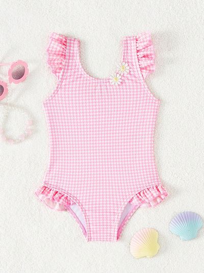 Baby Girl One-Piece Swimsuit With Special Fabric, Cute Pink And White Checkered Print Decorated With Flowers