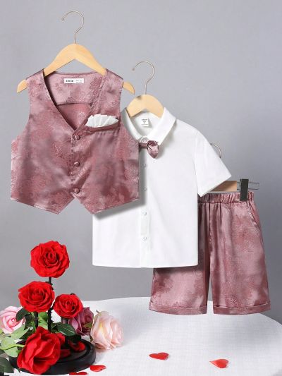 SHEIN Kids FANZEY 3pcs/Set Little Boys' Slim-Fit Vest, Pants, And Shirt In Glossy Jacquard Fabric With Subtle Pattern