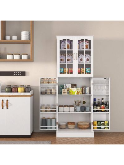 Kitchen Pantry Cabinets, White Freestanding Kitchen Pantry Storage Cabinet with Adjustable Shelves & Doors, Buffet Cupboards Sideboard Tall Storage Cabinet for Home Office Use