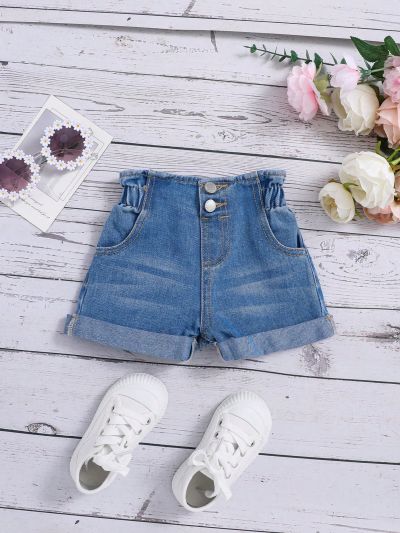 SHEIN Girls' Casual High Waist Slim Fit Denim Shorts