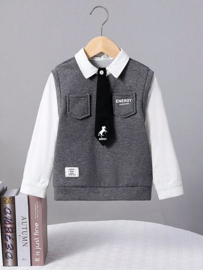 SHEIN Boys' College Style 2 In 1 Sweatshirt With Bowtie Decorated Stand Collar