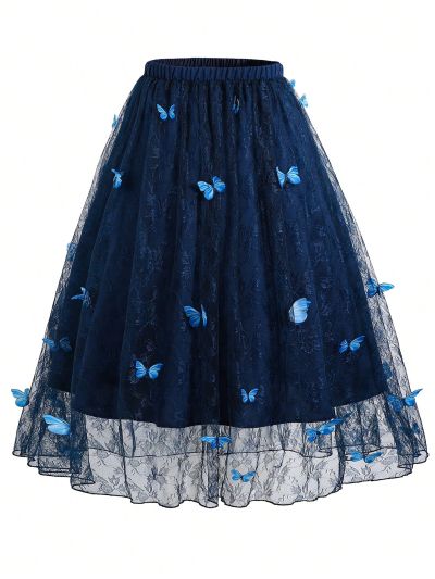 Teen Girls' Butterfly Applique Mesh Midi Skirt