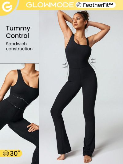 GLOWMODE 30" FeatherFit™ Asymmetrical Double Shoulder Strap Tummy Control Flared Jumpsuit Light Support Low Impact Yoga Studio