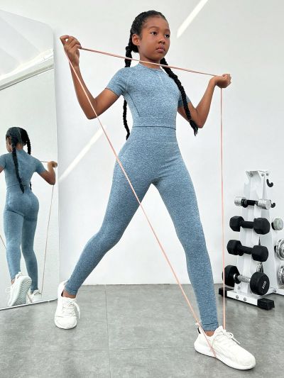 SHEIN Tween Girls' Seamless Knit Jacquard T-Shirt And Leggings Sports Set