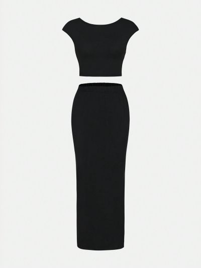 Teen Girl Solid Color Slim Fit Top And Skirt Set