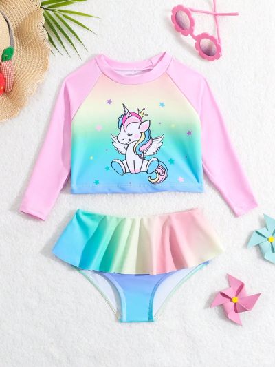 Infant Girls' Swimwear/Set Of 2: One-Piece Swimsuit & Random Gradient Color Bikini With Ruffle Hem Design And Printed Pattern