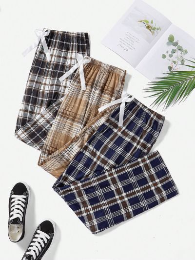 Plus 1pc Plaid Print Bow Front Sleep Pants & 1pc Plaid Print Sleep Pants
