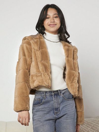 Teen Girl Open Front Hooded Teddy Jacket