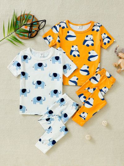 SHEIN Kids Nujoom Toddler Boys' Fun Animal Printed Stretchy Comfortable Short Sleeve Top & Pants Multi-Piece Lounge Wear Set