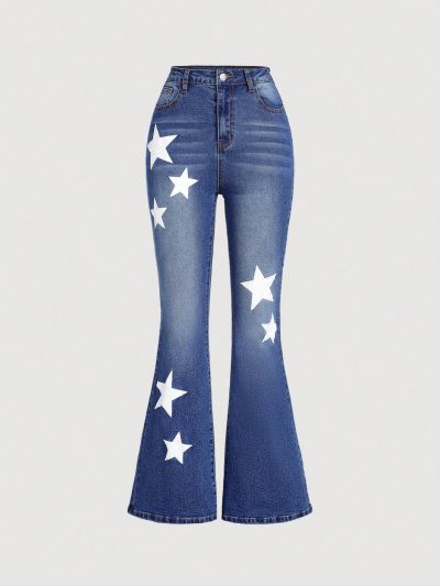 SHEIN Teenage Girls' Flared Jeans With Star Print And Wash, Spring/Summer
