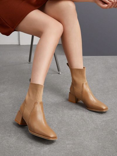 SHEIN BIZwear Rib Knit Detail Women's Fashionable Short Boots With Square Heels