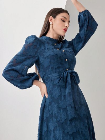 SHEIN Modely Button Decorated Lantern Sleeve Belted Jacquard Dress