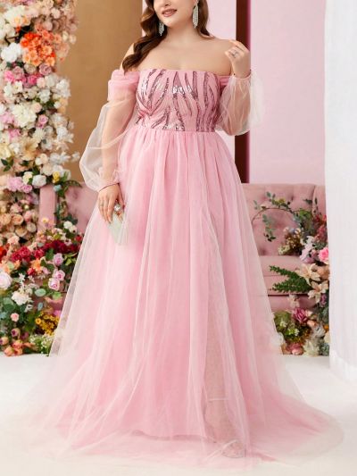 SHEIN Belle Plus Size One Shoulder Beaded & Mesh Patchwork Mermaid Evening Dress With Train