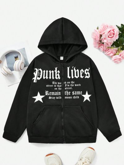 Teen Girls' Letter Printed Zipper Basic Casual Sweatshirt