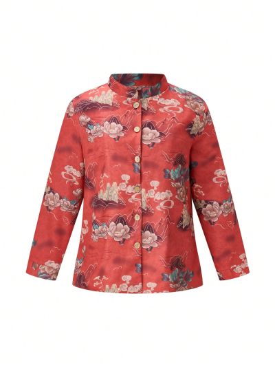 Women's Plus Size Floral Print Stand Collar Long Sleeve Jacket