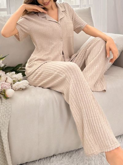 Women's Solid Color Ribbed Knit Home Wear Set