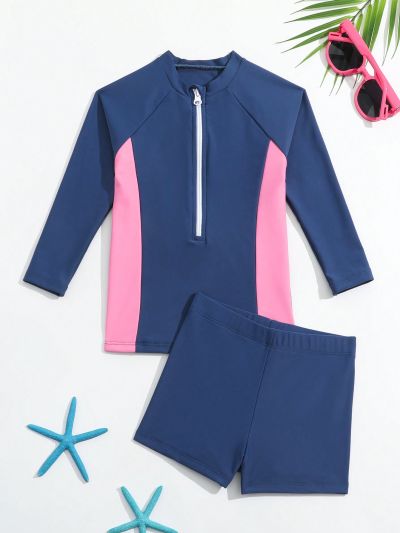 Little Girls' Color Block Long Sleeve Bikini Set