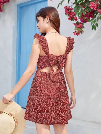 SHEIN Teen Girls' Woven Mini Floral Print Flying Sleeve Dress With Pleats And Flying Sleeves