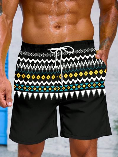 Men'S Plus Size Geometric Pattern Drawstring Waist Swim Shorts