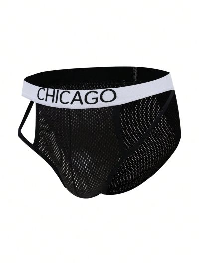 Men's Letter Printed Webbing Waistband Fishnet Underwear