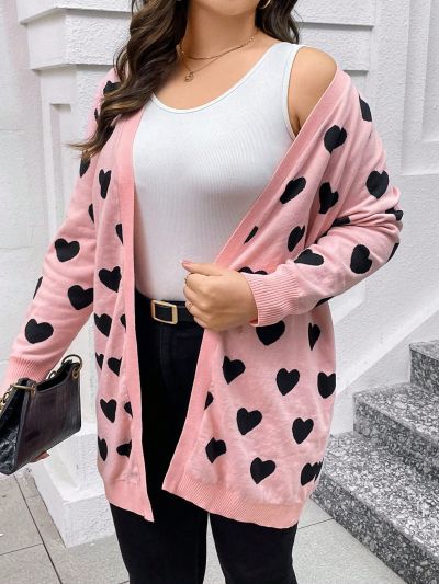 SHEIN Frenchy Women's Plus Size Love Heart Printed Long Sleeve Cardigan