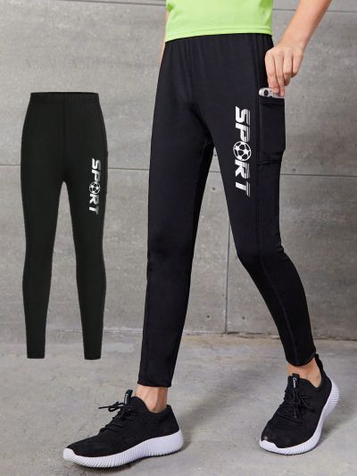 SHEIN Boys' Tight-Fitting Casual Knitted Sports Pants With Letter Print, Pocket & Side Strip Design