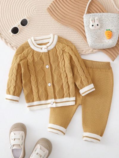 New Arrival Fall Winter Baby Color Block Knitted Sweater Set