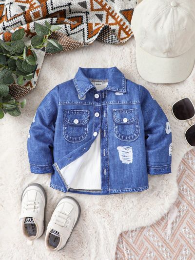 Baby Boy Turn-Down Collar Denim-Effect Print Coat
