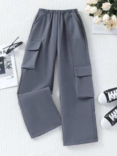 SHEIN Kids KDOMO Tween Girls' Multifunctional Pocket Decor Cargo Pants