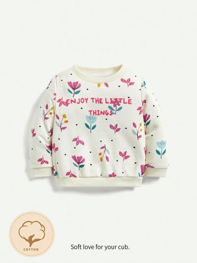 Cozy Cub Baby Girls' Casual Floral Pattern Sweatshirt With Round Neckline And Regular Shoulders