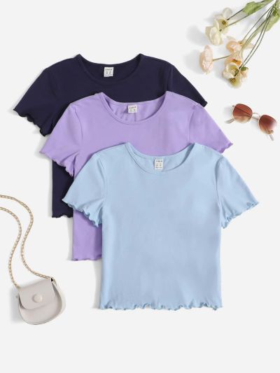 SHEIN Girls 3 Pack Lettuce Trim Tee