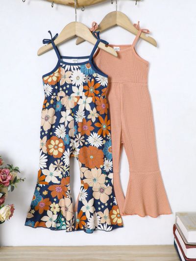 Two-Piece Baby Girl Spring And Summer Solid Color Floral Pattern Bow Cami Jumpsuit