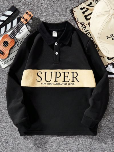 SHEIN Boys' Velvet Spliced Polo Shirt With Letter Embroidery, For Big Kids